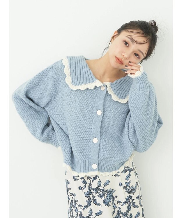 earth music&ecology フリルカラーカーディガン Blue