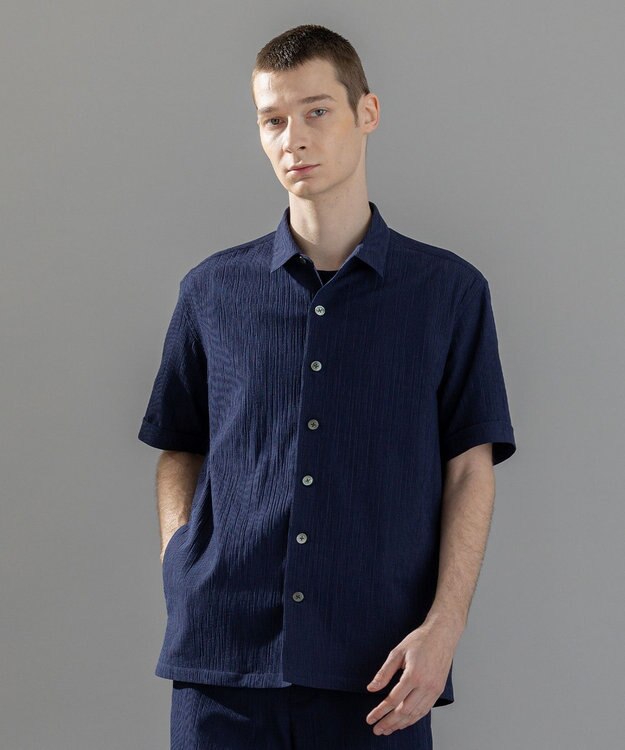 JOSEPH HOMME 新素材【通気性/洗える/ストレッチ】トリコワッシャーストレッチ　レギュラーカラー半袖シャツ ネイビー系