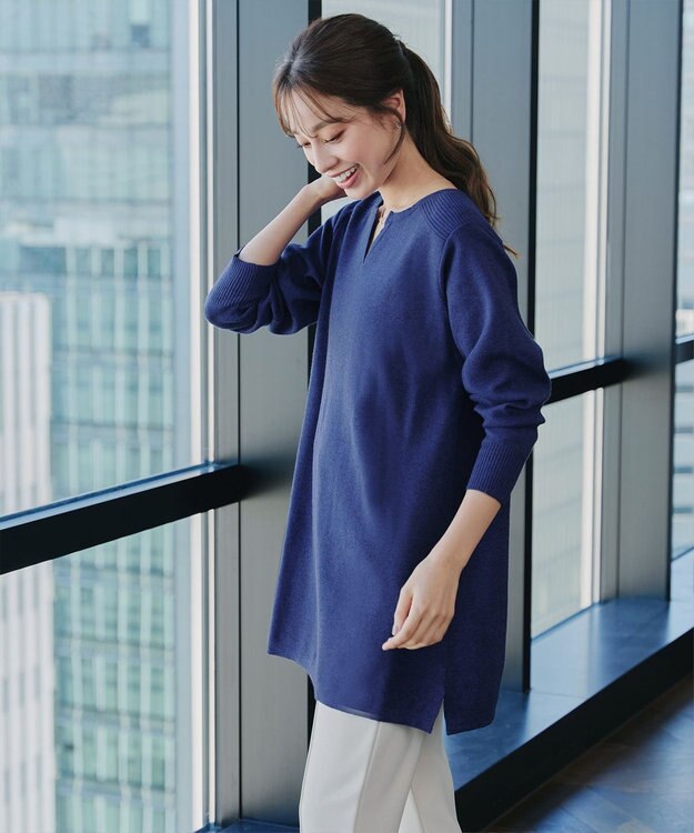Tiaclasse L 【洗える】キーネックラメニットチュニック ブルー