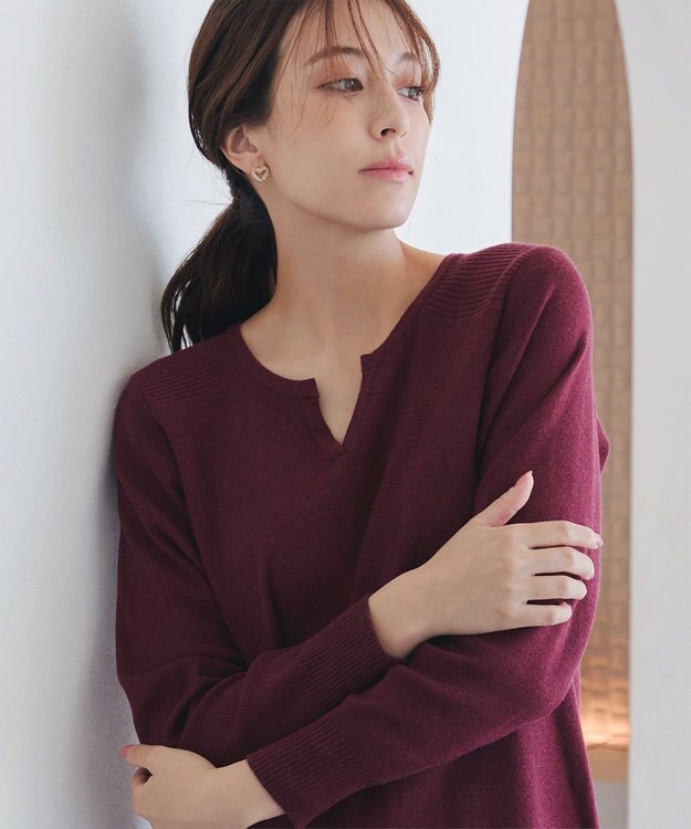 Tiaclasse L 【洗える】キーネックラメニットチュニック ワインレッド