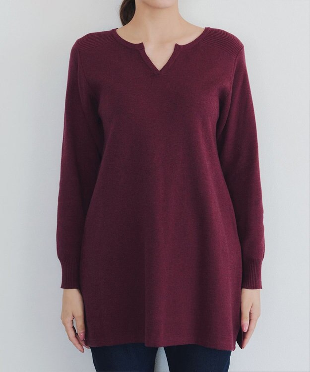 Tiaclasse L 【洗える】キーネックラメニットチュニック ワインレッド