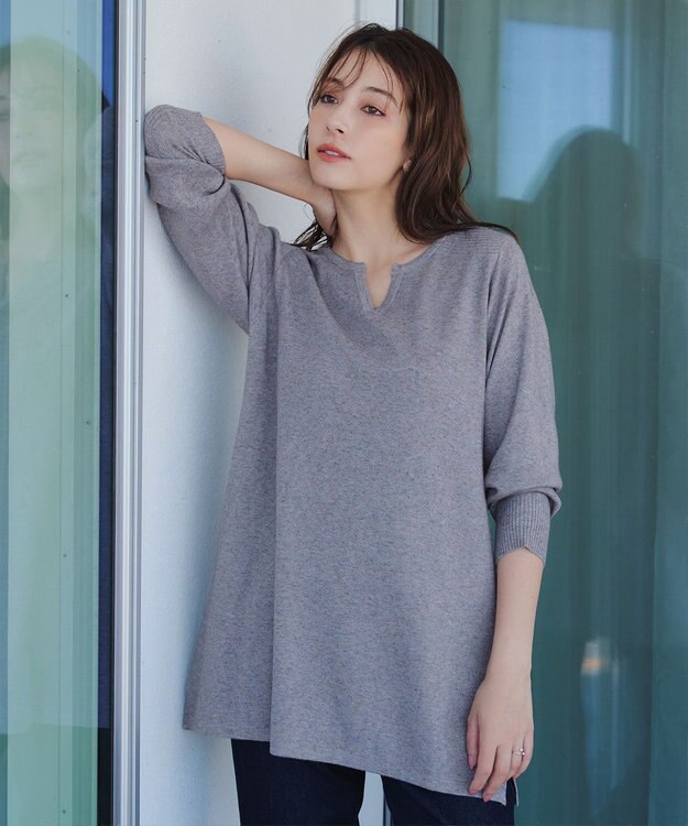 Tiaclasse L 【洗える】キーネックラメニットチュニック グレー