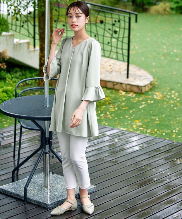 Tiaclasse 【洗える】タックフレアパール付き袖チュニックブラウス ミント