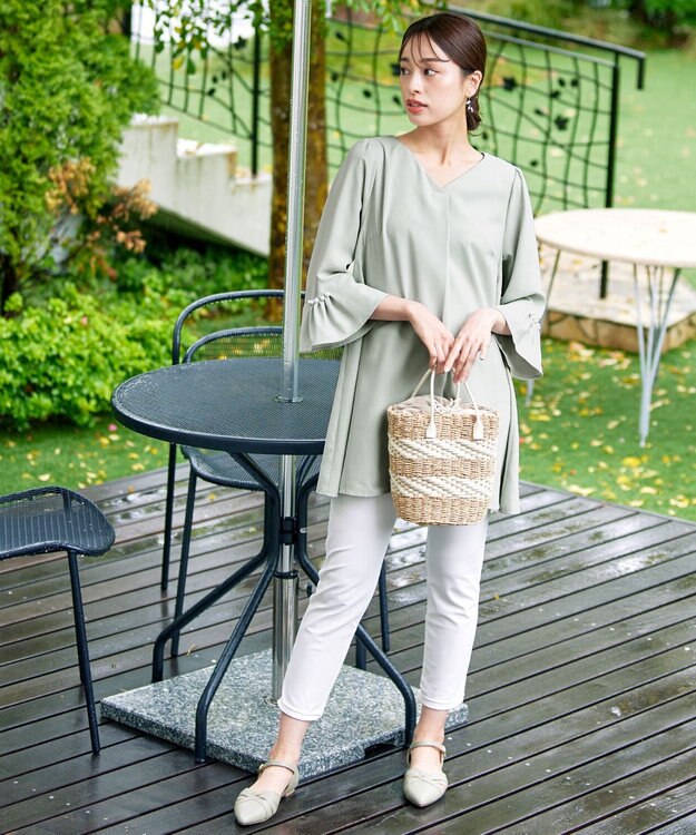 Tiaclasse 【洗える】タックフレアパール付き袖チュニックブラウス ミント