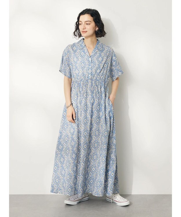 CRAFT STANDARD BOUTIQUE インド綿オープンカラーワンピース Blue