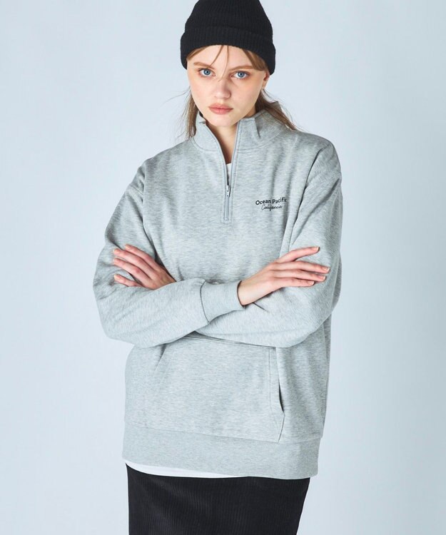 OP／FILA 【ocean pacific】Daily Cozy/あったか裏起毛ハーフジップロゴスウェット 杢グレー
