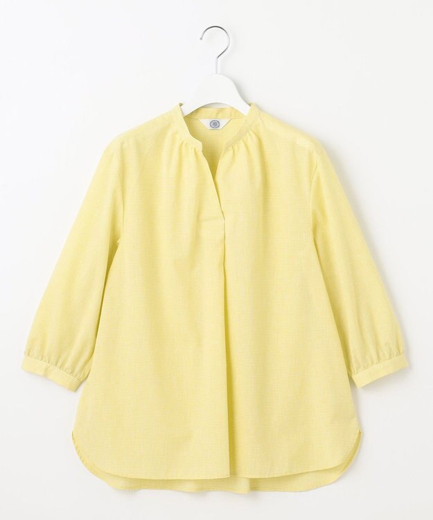 J.PRESS LADIES 【洗える】リネンminiチェック バンドカラー プルオーバー ブラウス ピスタチオ系