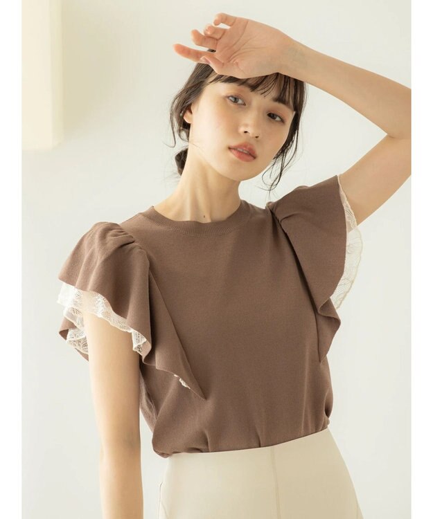 earth music&ecology レースドッキングフリルニットプルオーバー Mocha