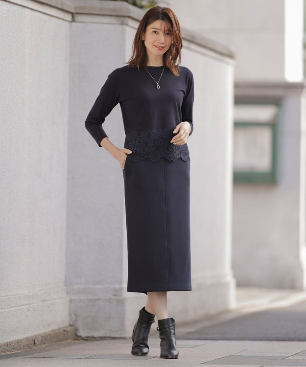 J.PRESS LADIES 【洗える】ダンボールジャージー ナロー スカート ネイビー系