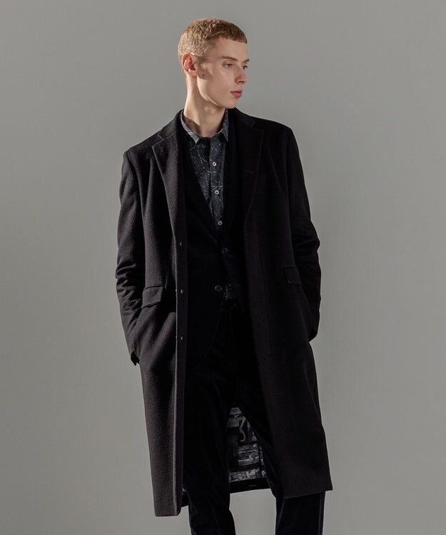 JOSEPH HOMME グロッシーウール 　チェスターコート　＜裏地：フォトコラージュプリント＞ ブラック系