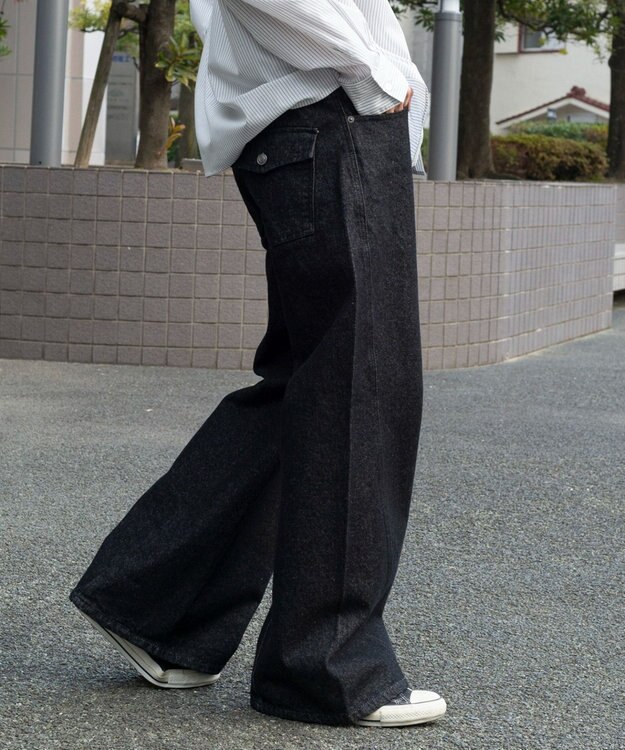 WEGO 【ユニセックス着用ITEM】カバーフィットフラップデニムパンツ デニムブラック