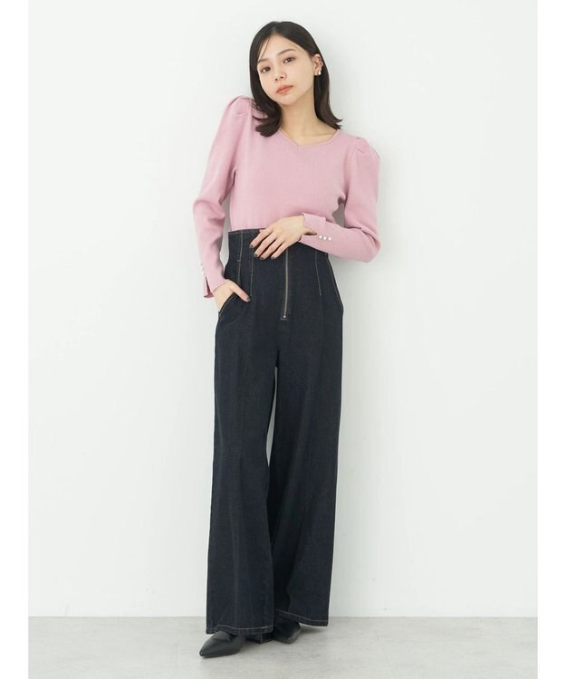 earth music&ecology ハートネック袖パールニットプルオーバー Pink