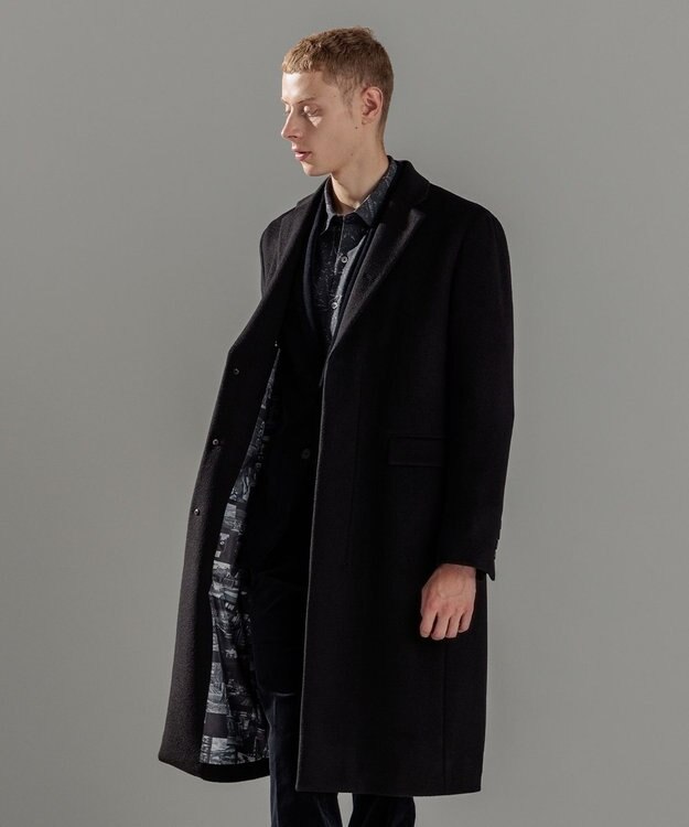 JOSEPH HOMME グロッシーウール 　チェスターコート　＜裏地：フォトコラージュプリント＞ ブラック系