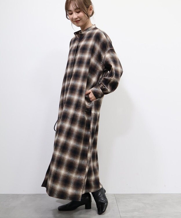 AMERICAN HOLIC バンドカラーチェックシャツワンピース Check Black