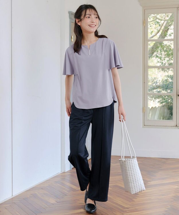 Tiaclasse 【洗える】ブラウス見えフレアスリーブカットソー ラベンダー