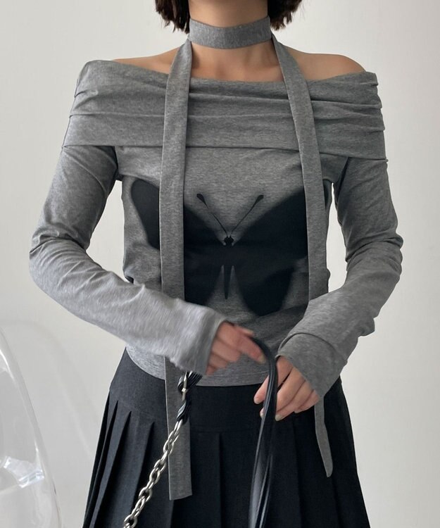 WEGO ストール付きバタフライオフショルトップス グレー