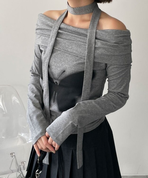 WEGO ストール付きバタフライオフショルトップス グレー