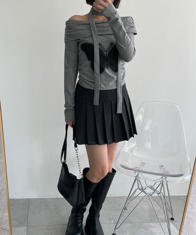 WEGO ストール付きバタフライオフショルトップス グレー