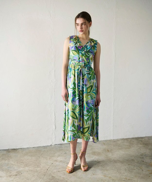 GRACE CONTINENTAL リーフプリントワンピース グリーン