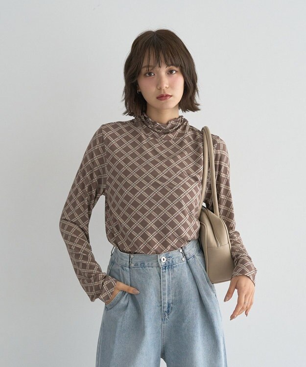 earth music&ecology 【吸湿発熱】あったかフェミニンインナー(シアーハイネック) Check Brown