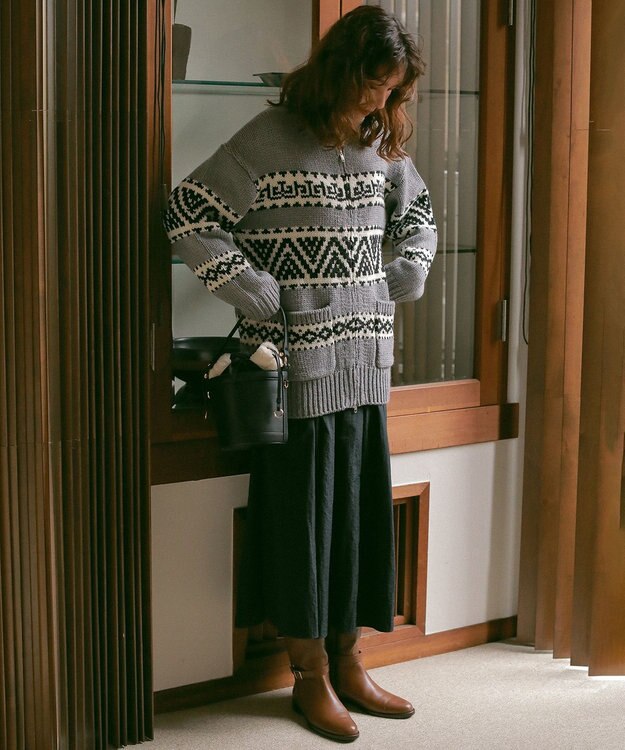 23区 【SLOW】カウチンジャガード ジップ カーディガン ライトグレー系