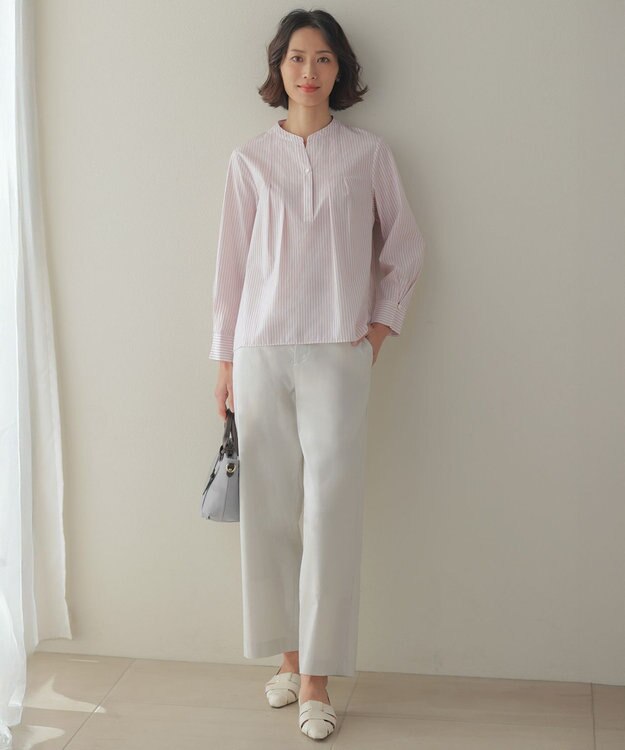 J.PRESS LADIES L 【人気素材・セットアップ対応】セルロースリネンストレッチ セミワイド パンツ ライトグレー系