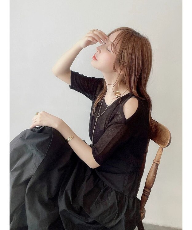 Green Parks 透かし編み肩あきニットプルオーバー Black