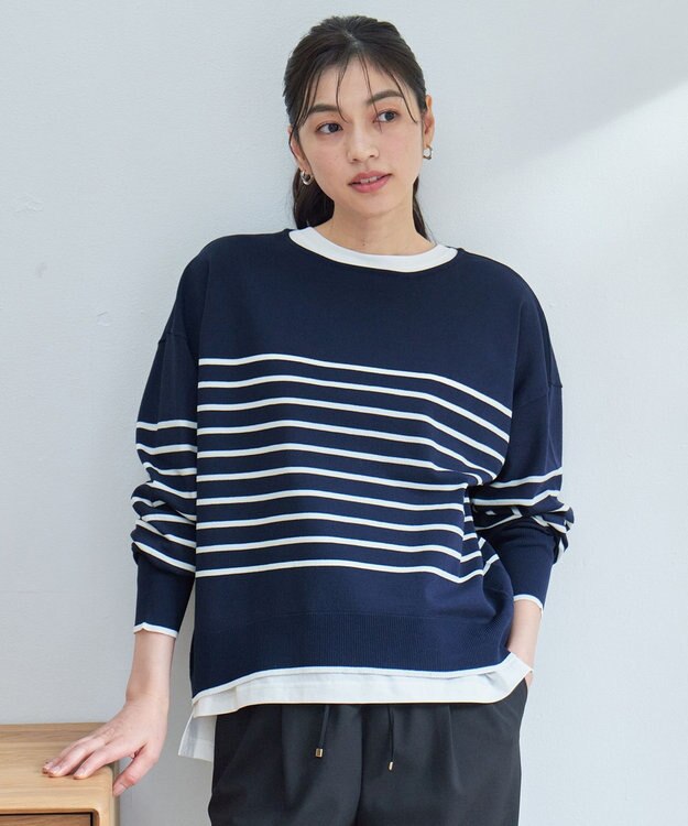 ANY バスクボーダーニットプルオーバー ネイビー×オフボーダー