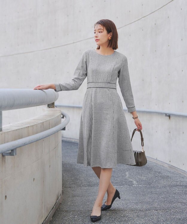 Tiaclasse L 【洗える】ツイード配色フレアワンピース グレー