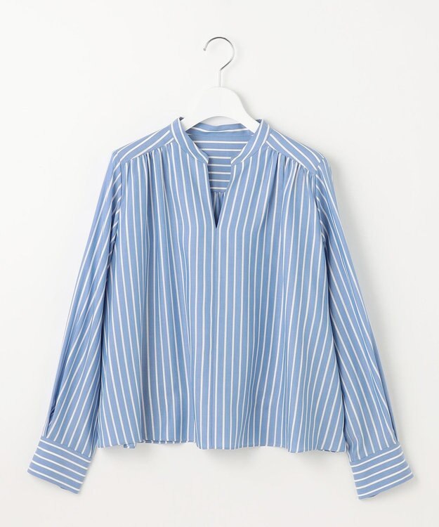 自由区 S 【洗える】SOMELOSクロップド丈 ブラウス ラメブルーストライプ