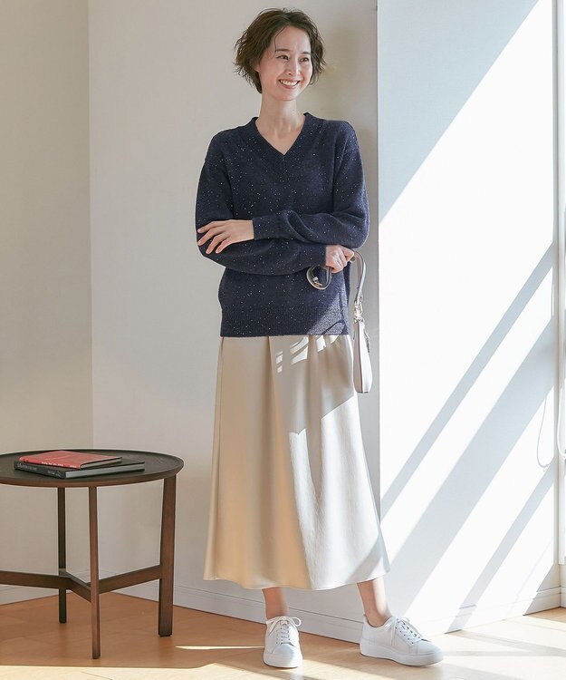 自由区 L 【洗える】スパングルニット Vネックニット ネイビー系