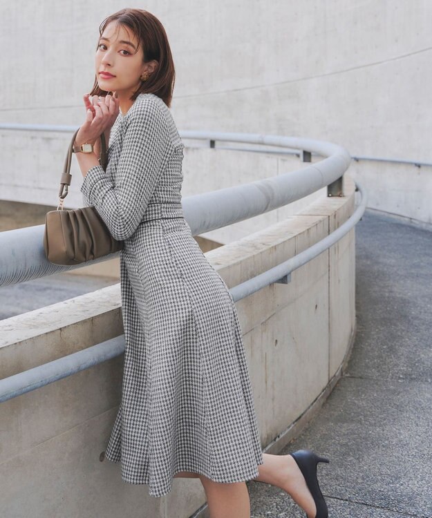 Tiaclasse L 【洗える】ツイード配色フレアワンピース グレー