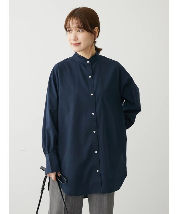 Green Parks イージーケアスタンドフリルシャツチュニック Navy