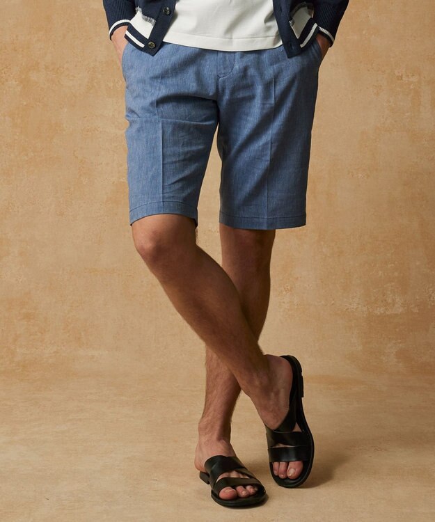 JOSEPH ABBOUD 【ウエストも伸びる/清涼/ストレッチ】ストレッチリネンシャンブレーショートパンツ サックスブルー系