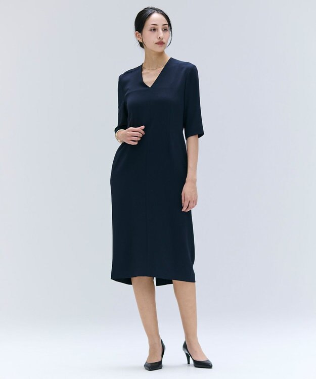 BEIGE， 【洗える・L-size】CINDY / Vネックハーフスリーブワンピース Navy x Black