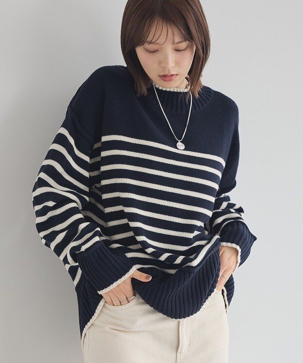 earth music&ecology 【毛玉防止 / 洗濯機洗い可】アンチピリングモックネックバックスリットニット Border Navy