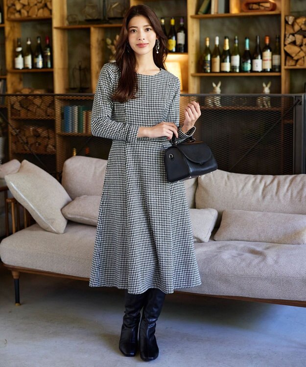 Tiaclasse 【洗える】ツイード配色フレアワンピース ブラック