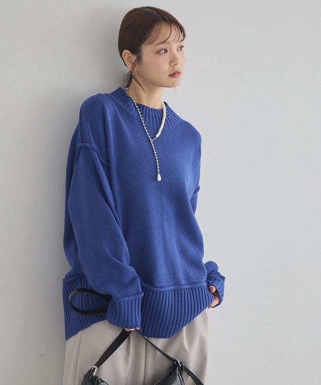 earth music&ecology 【毛玉防止 / 洗濯機洗い可】アンチピリングモックネックバックスリットニット Blue