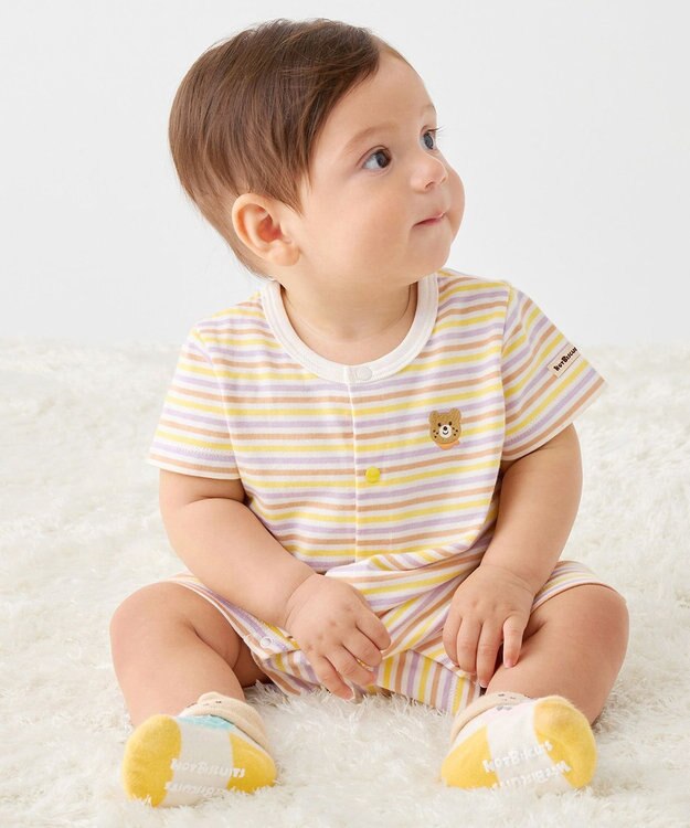 MIKI HOUSE HOT BISCUITS 【70-80cm】 みじんボーダー ワンポイント刺繍 ショートオール