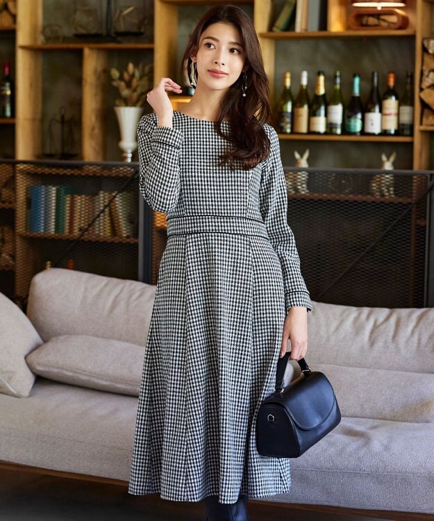 Tiaclasse L 【洗える】ツイード配色フレアワンピース ブラック