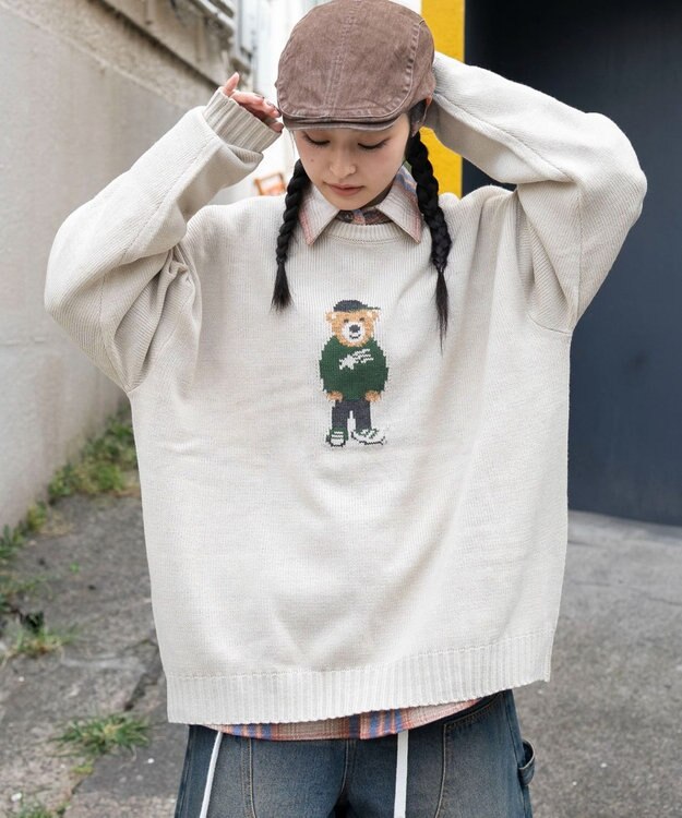 WEGO 【ユニセックス着用ITEM/MLサイズ展開】ジャガードアニマルプルオーバー オフホワイト