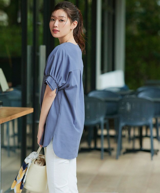 Tiaclasse 【UVケア・接触冷感】“あまラク” ボリュームパフスリーブカットソーチュニック ブルー