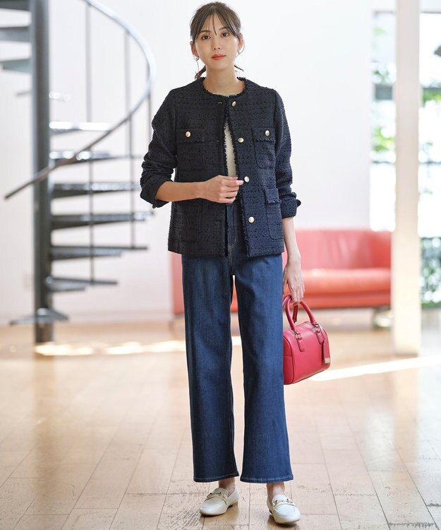 ANY SIS ツイードノーカラーミドル ジャケット ネイビー