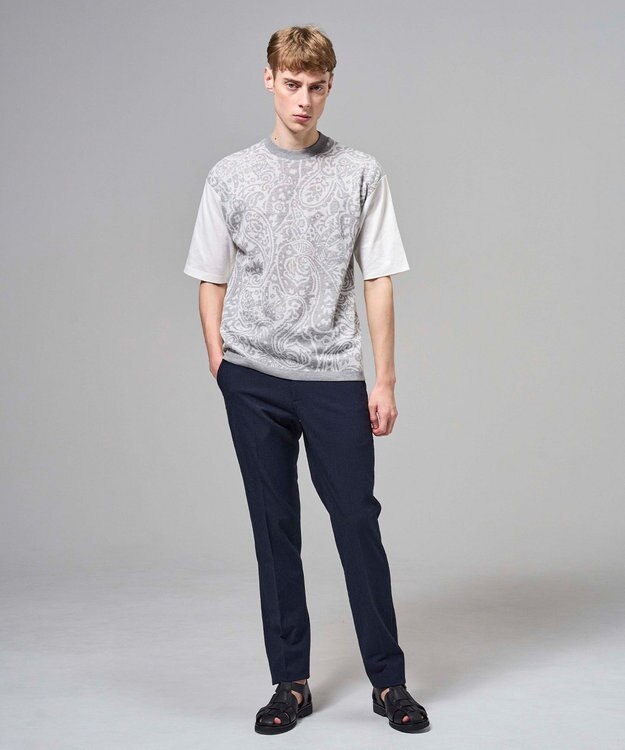 JOSEPH HOMME オリエンタルジャガードニットブロック　クルーネック半袖カットソー ライトグレー系