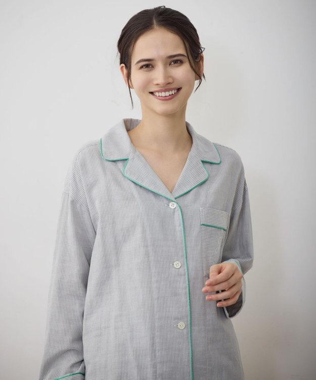 自由区 【WEB限定】オーガニックコットンパジャマ グレーストライプ×グリーン