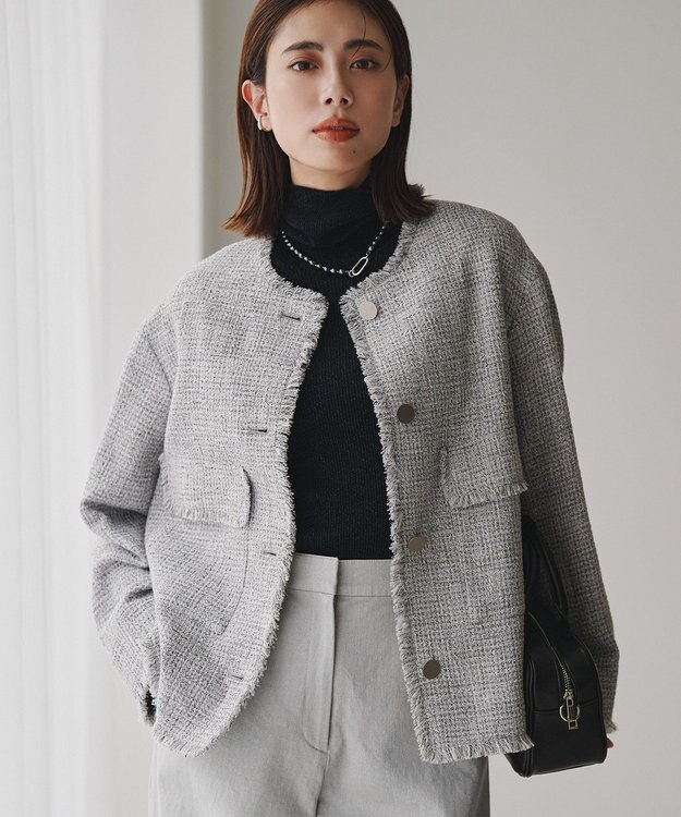 ICB ライトブッチャーツイード ノーカラージャケット ライトグレーミックス