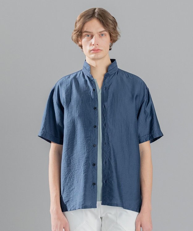 JOSEPH HOMME ストレッチマイヤー　ウイングカラー半袖シャツ ダルブルー系
