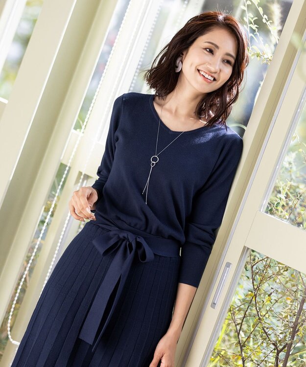 Tiaclasse L 【洗える】1枚で着映えするチェック柄編みニットワンピース ネイビー