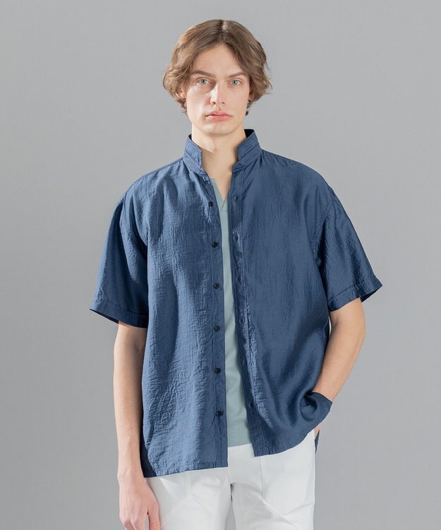 JOSEPH HOMME ストレッチマイヤー　ウイングカラー半袖シャツ ダルブルー系