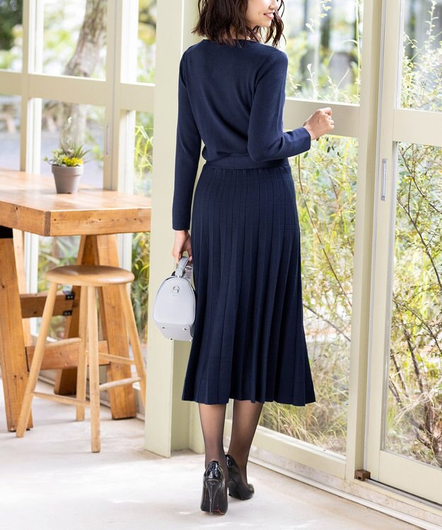 Tiaclasse L 【洗える】1枚で着映えするチェック柄編みニットワンピース ネイビー